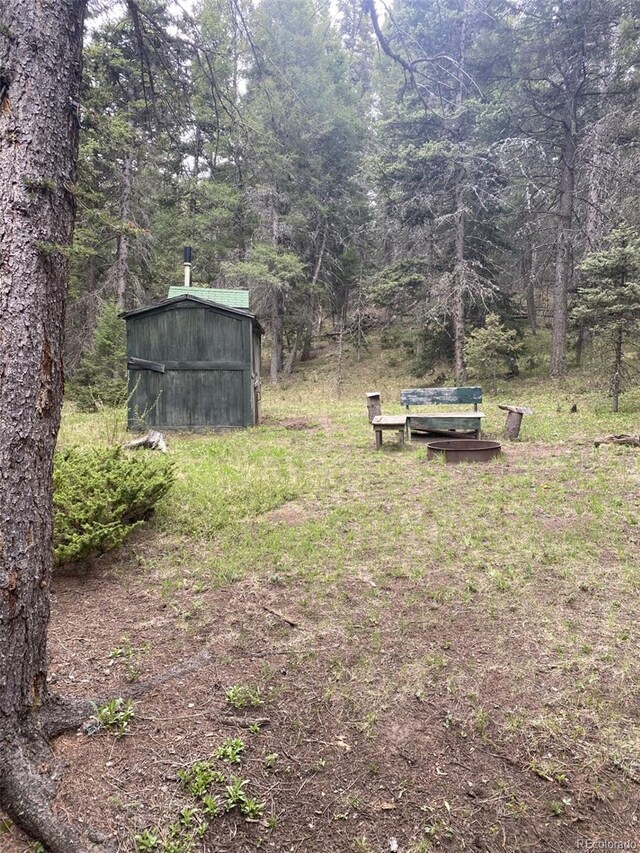 10504 Jackson Creek Rd, Sedalia, CO 80135 - view of yard featuring a forest view and an outdoor structure