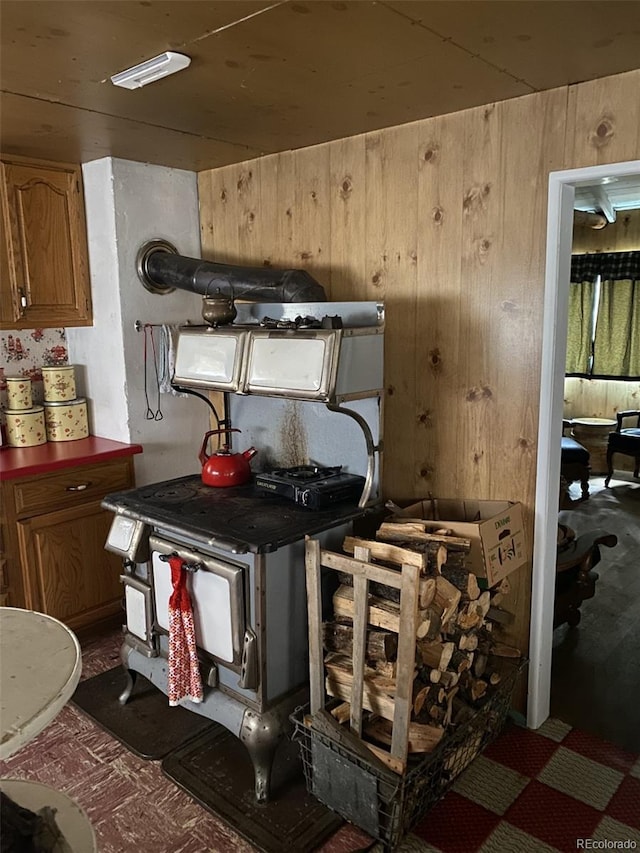 10504 Jackson Creek Rd, Sedalia, CO 80135 - kitchen featuring wood walls, dark countertops, and brown cabinets