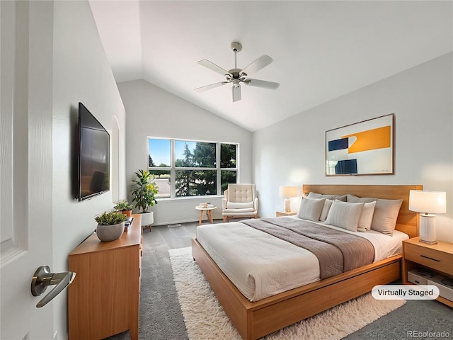5005 W 128th Pl, Broomfield, CO 80020 - carpeted bedroom featuring lofted ceiling and a ceiling fan