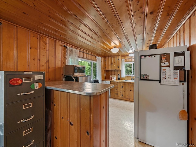 kitchen featuring wooden ceiling, wood walls, and stainless steel appliances