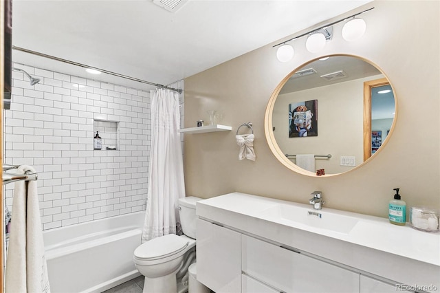 full bathroom with vanity, toilet, and shower / bathtub combination with curtain