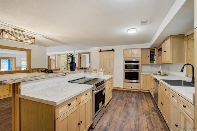 kitchen featuring visible vents, dark wood-style flooring, light brown cabinets, a sink, and stainless steel appliances