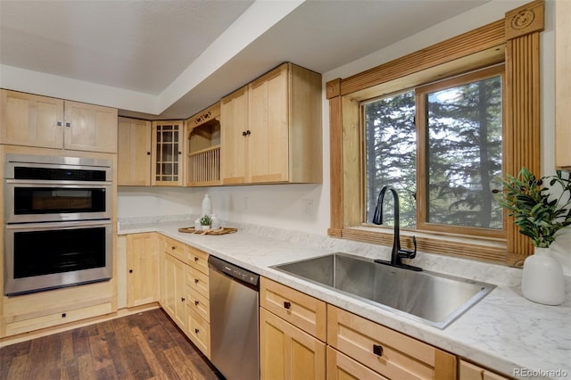 kitchen with a sink, light brown cabinets, light countertops, stainless steel appliances, and a wealth of natural light