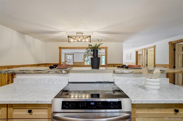 kitchen featuring stainless steel electric stove and light stone counters