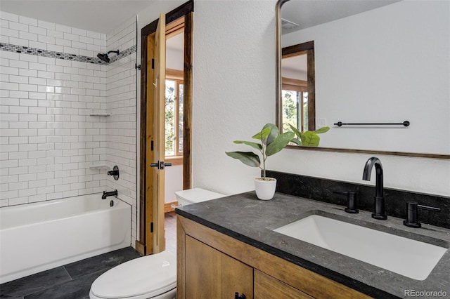bathroom featuring shower / bathtub combination, toilet, and vanity