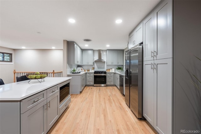 kitchen featuring gray cabinetry, stainless steel appliances, visible vents, light countertops, and wall chimney range hood