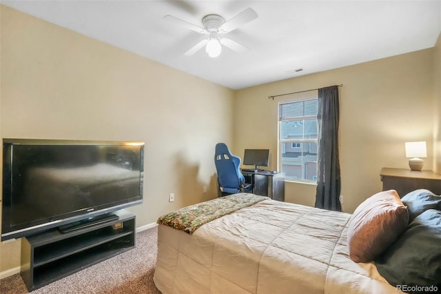 bedroom featuring carpet, visible vents, baseboards, and ceiling fan