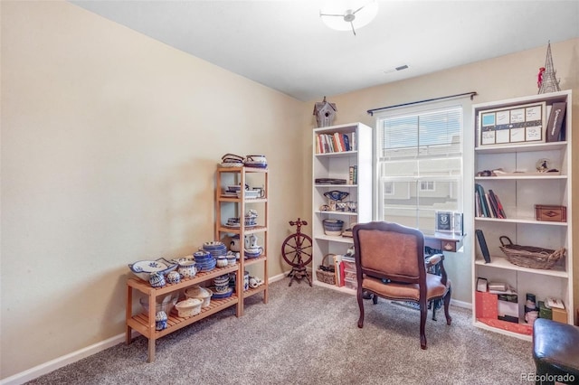 sitting room featuring carpet, visible vents, and baseboards