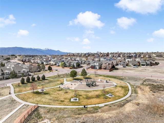 bird's eye view featuring a mountain view and a residential view