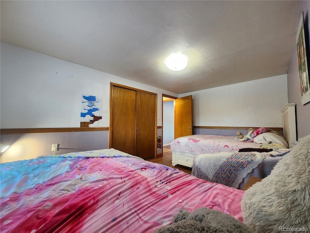 bedroom featuring wood-type flooring, a textured ceiling, and a closet