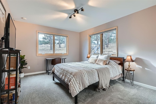 carpeted bedroom featuring rail lighting