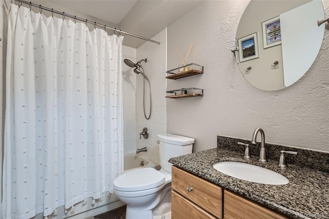 full bathroom with vanity, toilet, and shower / bathtub combination with curtain