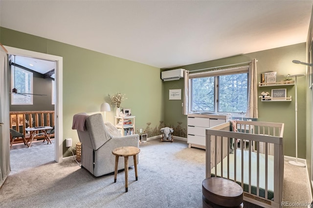 bedroom with multiple windows, a wall mounted AC, and light colored carpet