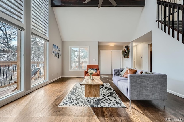 living room with high vaulted ceiling and wood-type flooring