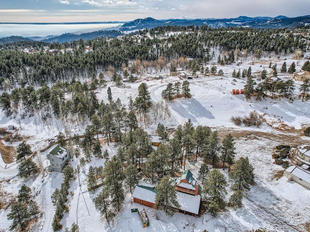 snowy aerial view with a mountain view