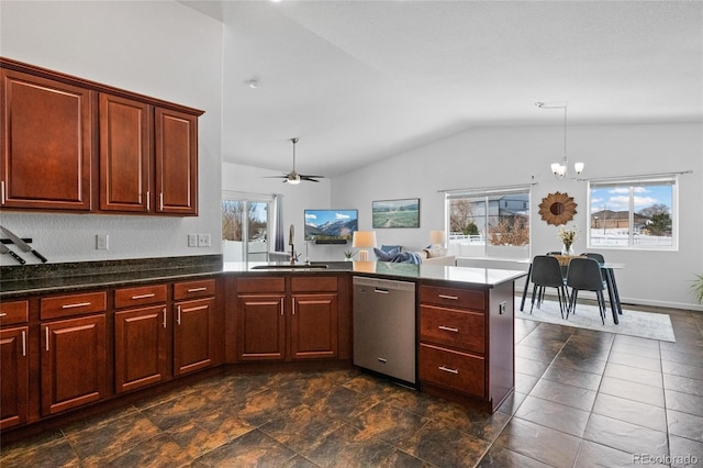 kitchen featuring dishwasher, a peninsula, plenty of natural light, and a sink