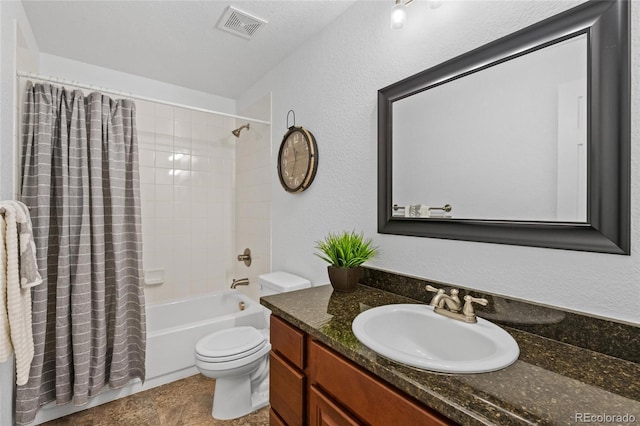 full bath featuring visible vents, toilet, shower / bathtub combination with curtain, a textured ceiling, and vanity