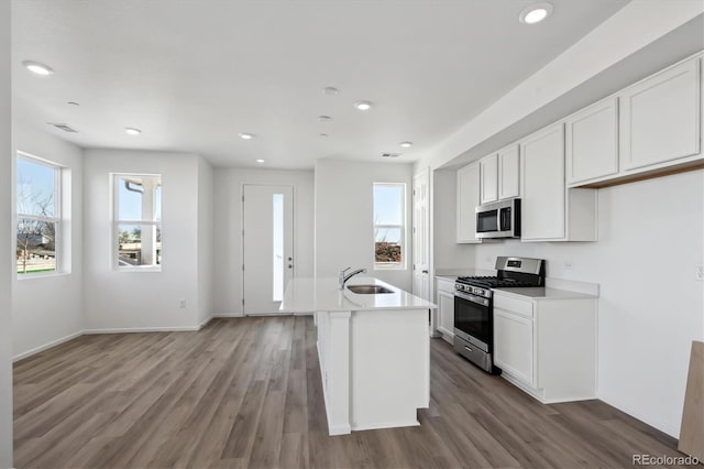 kitchen with white cabinetry, stainless steel appliances, sink, and a center island with sink