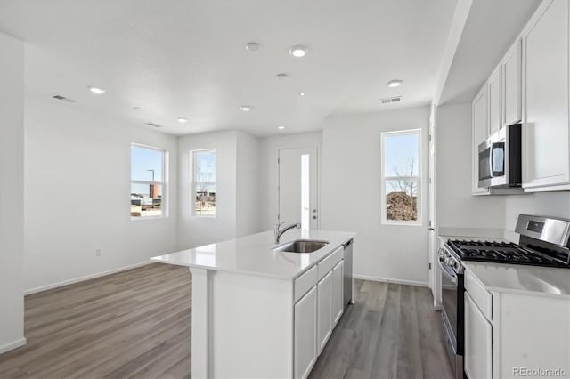 kitchen featuring appliances with stainless steel finishes, a kitchen island with sink, and white cabinets