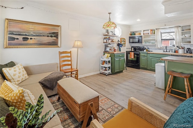 living area featuring crown molding, light wood-style floors, and baseboards