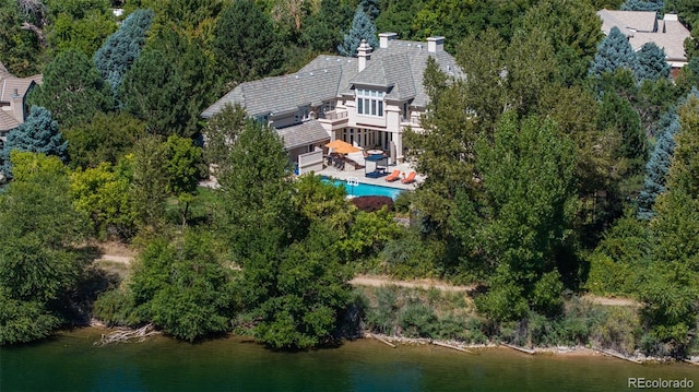 aerial view featuring a water view