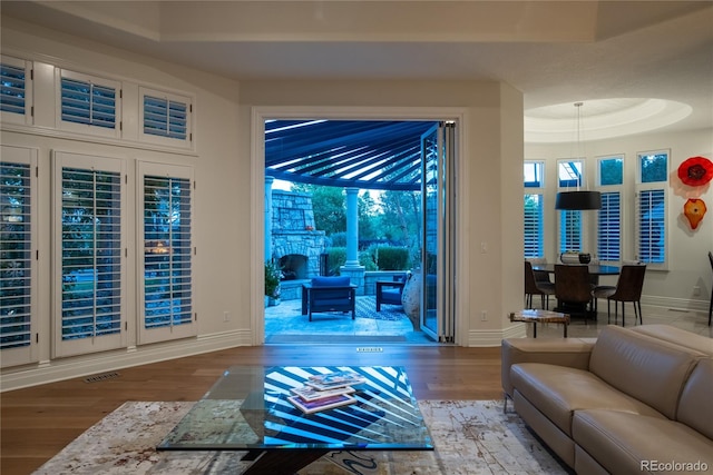 living room featuring a tray ceiling and hardwood / wood-style floors