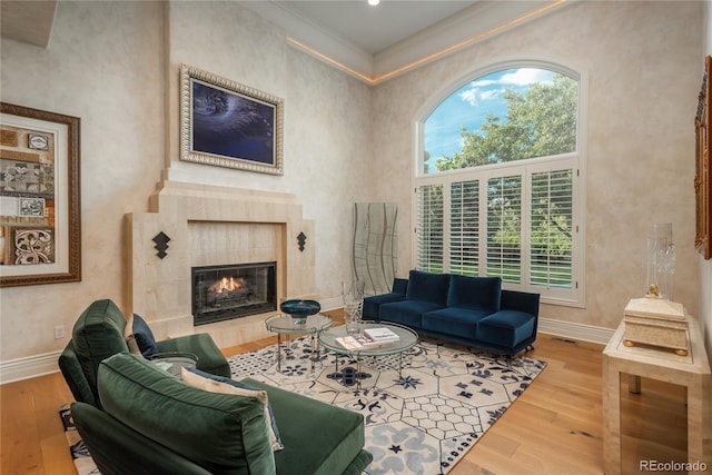 living room with ornamental molding, a towering ceiling, a fireplace, and hardwood / wood-style floors