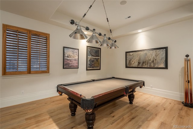 game room with light hardwood / wood-style flooring and pool table