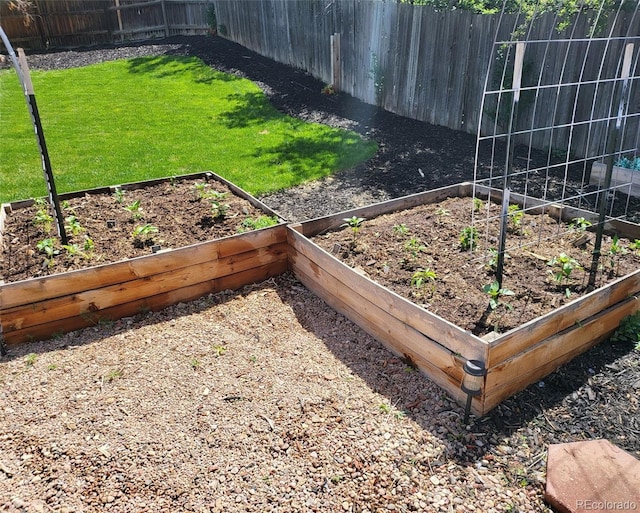 view of yard featuring fence and a garden