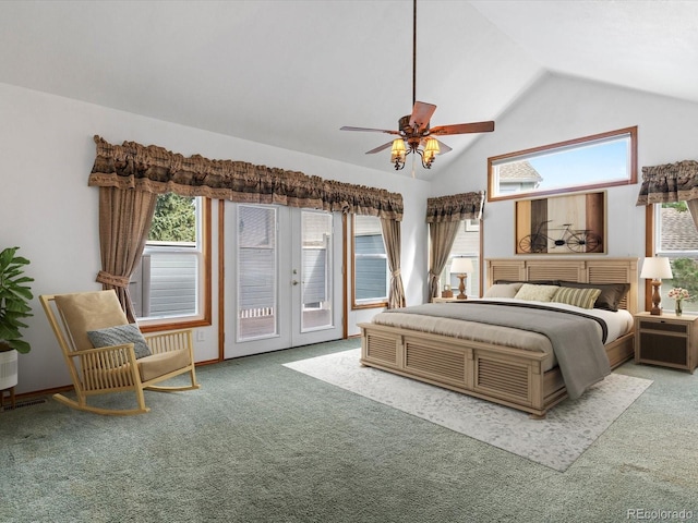 bedroom featuring access to exterior, vaulted ceiling, carpet floors, and ceiling fan