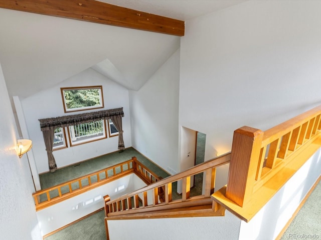 stairs with carpet floors and vaulted ceiling with beams