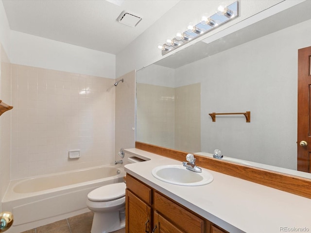 full bathroom with vanity, toilet, bathtub / shower combination, and tile patterned floors