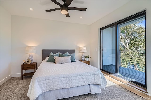 bedroom featuring carpet flooring, access to exterior, recessed lighting, baseboards, and a ceiling fan