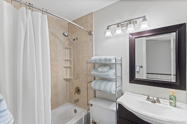 full bathroom with shower / bath combo with shower curtain, vanity, and toilet