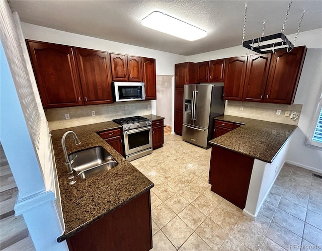 kitchen featuring tasteful backsplash, premium appliances, sink, and kitchen peninsula