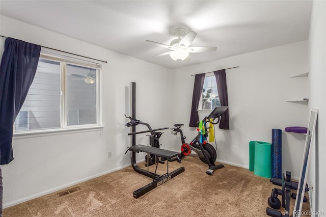 workout area with carpet flooring, visible vents, and baseboards