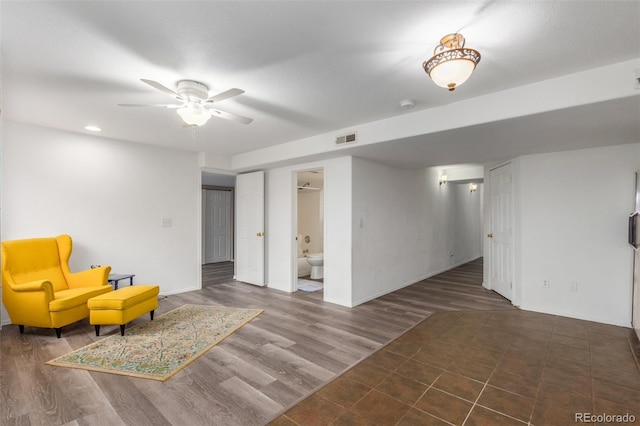 sitting room featuring recessed lighting, visible vents, ceiling fan, and wood finished floors