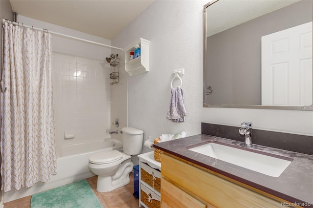 full bathroom featuring shower / bath combination with curtain, tile patterned flooring, vanity, and toilet