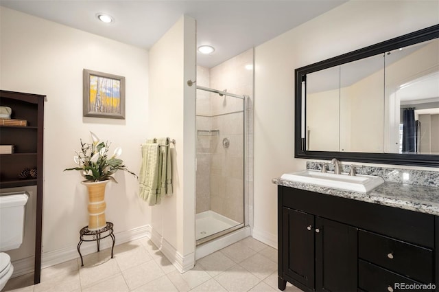 300 W 11th Ave Unit 15F, Denver, CO 80204 - full bath with toilet, vanity, a shower stall, tile patterned floors, and baseboards