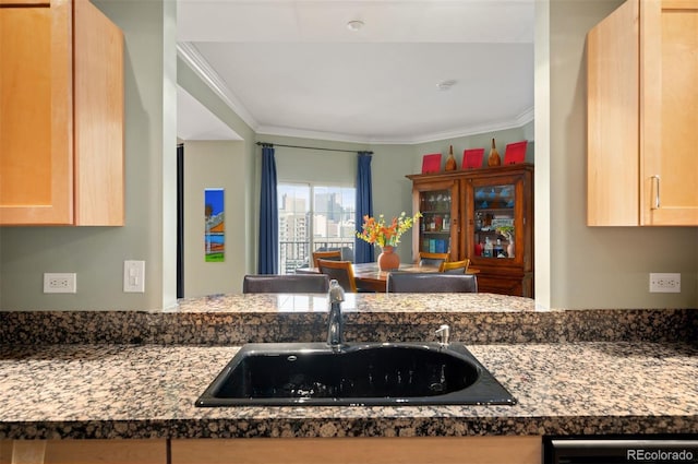 300 W 11th Ave Unit 15F, Denver, CO 80204 - kitchen featuring a sink, dishwasher, crown molding, dark countertops, and light brown cabinetry