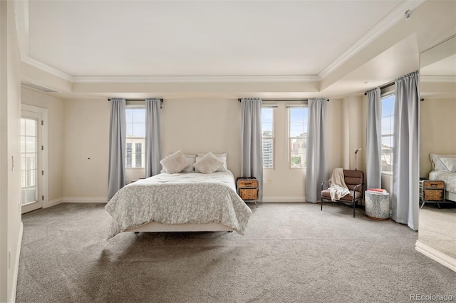 300 W 11th Ave Unit 15F, Denver, CO 80204 - bedroom with ornamental molding, carpet floors, a tray ceiling, and baseboards