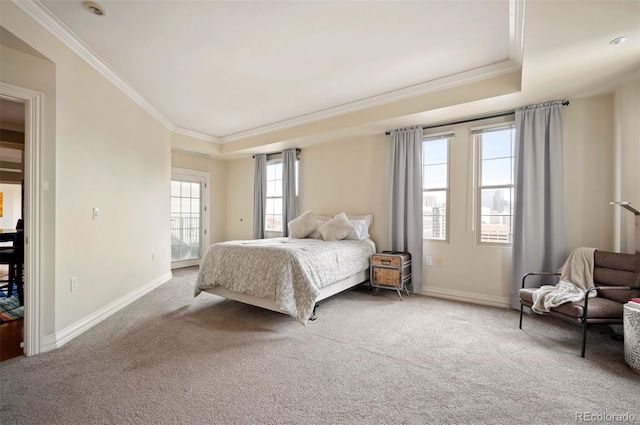 300 W 11th Ave Unit 15F, Denver, CO 80204 - carpeted bedroom featuring crown molding, baseboards, and a raised ceiling