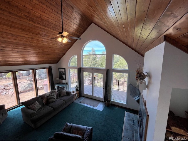 living area with high vaulted ceiling, carpet, wood ceiling, visible vents, and ceiling fan