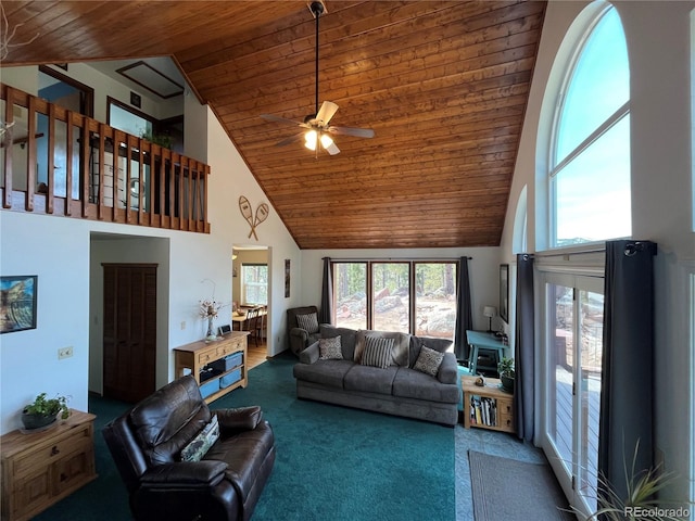living room with carpet floors, a high ceiling, wooden ceiling, and ceiling fan