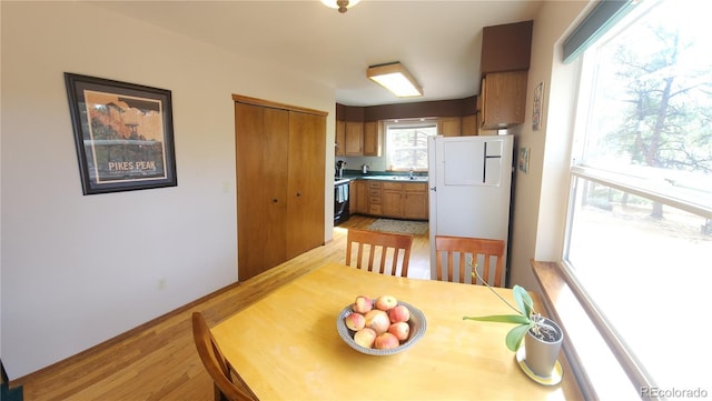 dining area with baseboards and light wood-type flooring