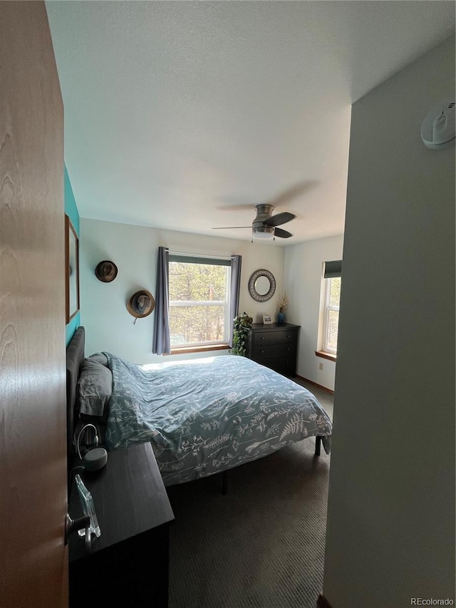 bedroom featuring multiple windows and a ceiling fan