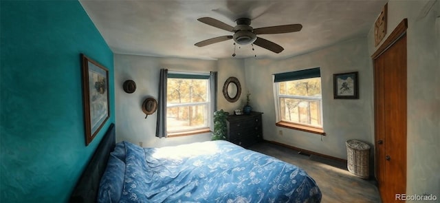 bedroom with baseboards, visible vents, and a ceiling fan