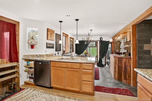 1575 York Gulch Rd, Idaho Springs, CO 80452 - kitchen featuring dishwasher, a chandelier, a peninsula, decorative light fixtures, and light stone countertops