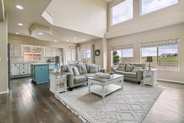 living room with dark wood-type flooring, baseboards, and recessed lighting