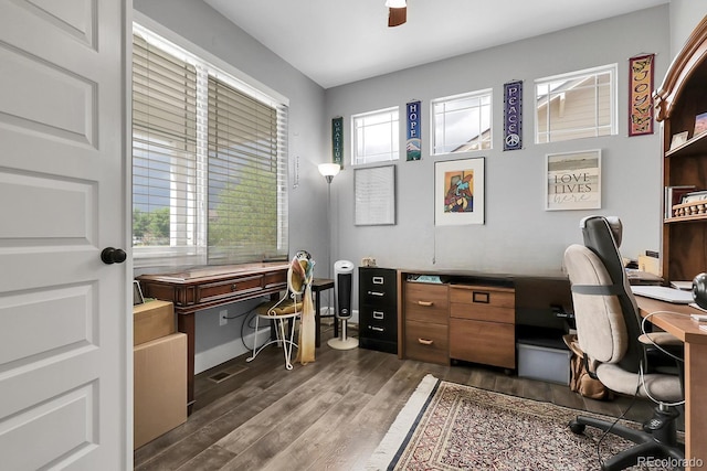 484 N Jamestown Way, Aurora, CO 80018 - office space featuring dark wood-style flooring and a ceiling fan